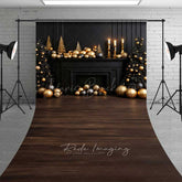 Lofaris Elegant Christmas Fireplace Sweep Photo Backdrop Black Mantel with Gold Ornaments Luxury Holiday Prop